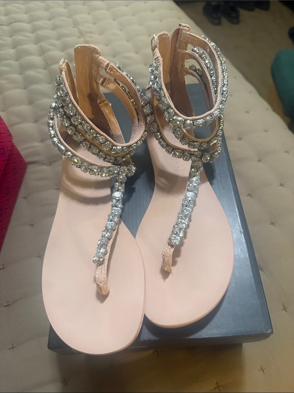 INC International Concepts Blush Crystal T-Strap Sandals